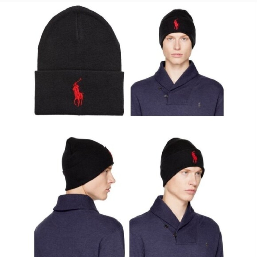 POLO Ralph Lauren Big Pony Black Beanie Hat Cap Red Pony Logo (EUC) - Picture 5 of 5